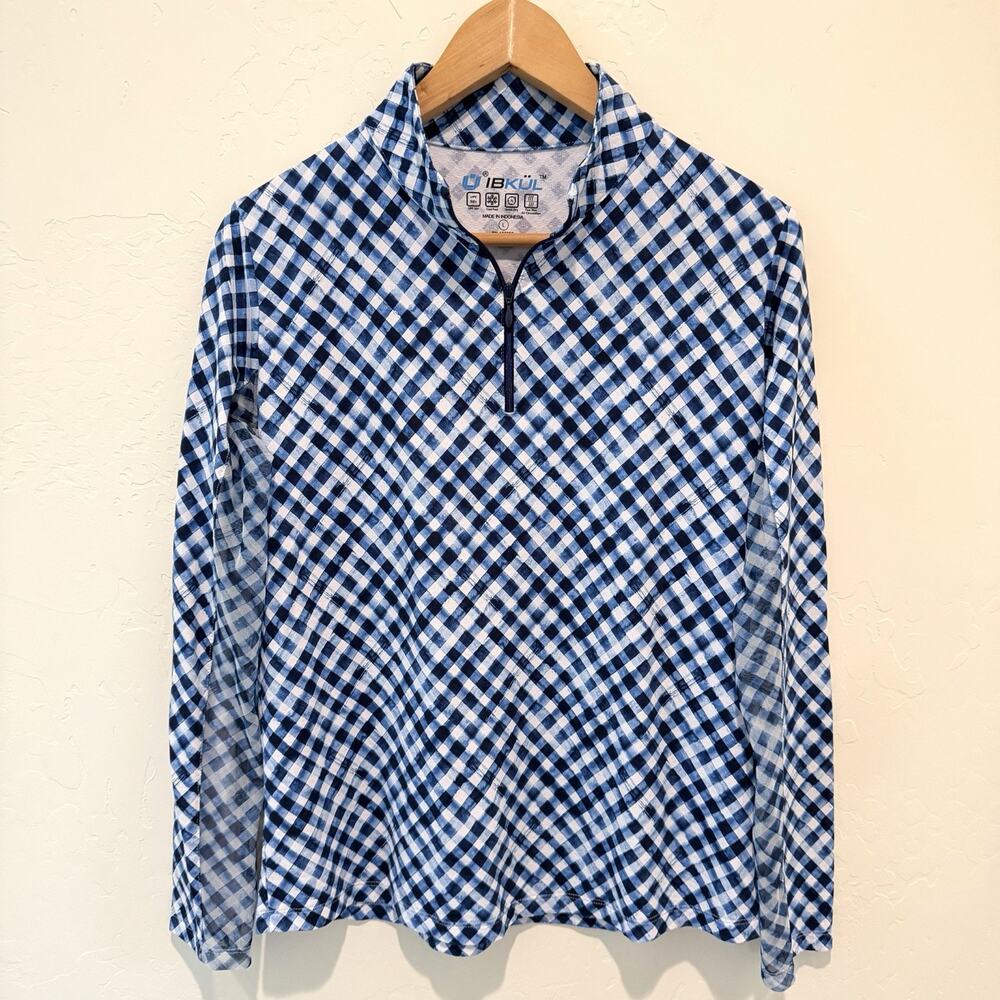 Ibkul Long Sleeve Mock Neck Vented Top Womens Large Blue White Gingham Print